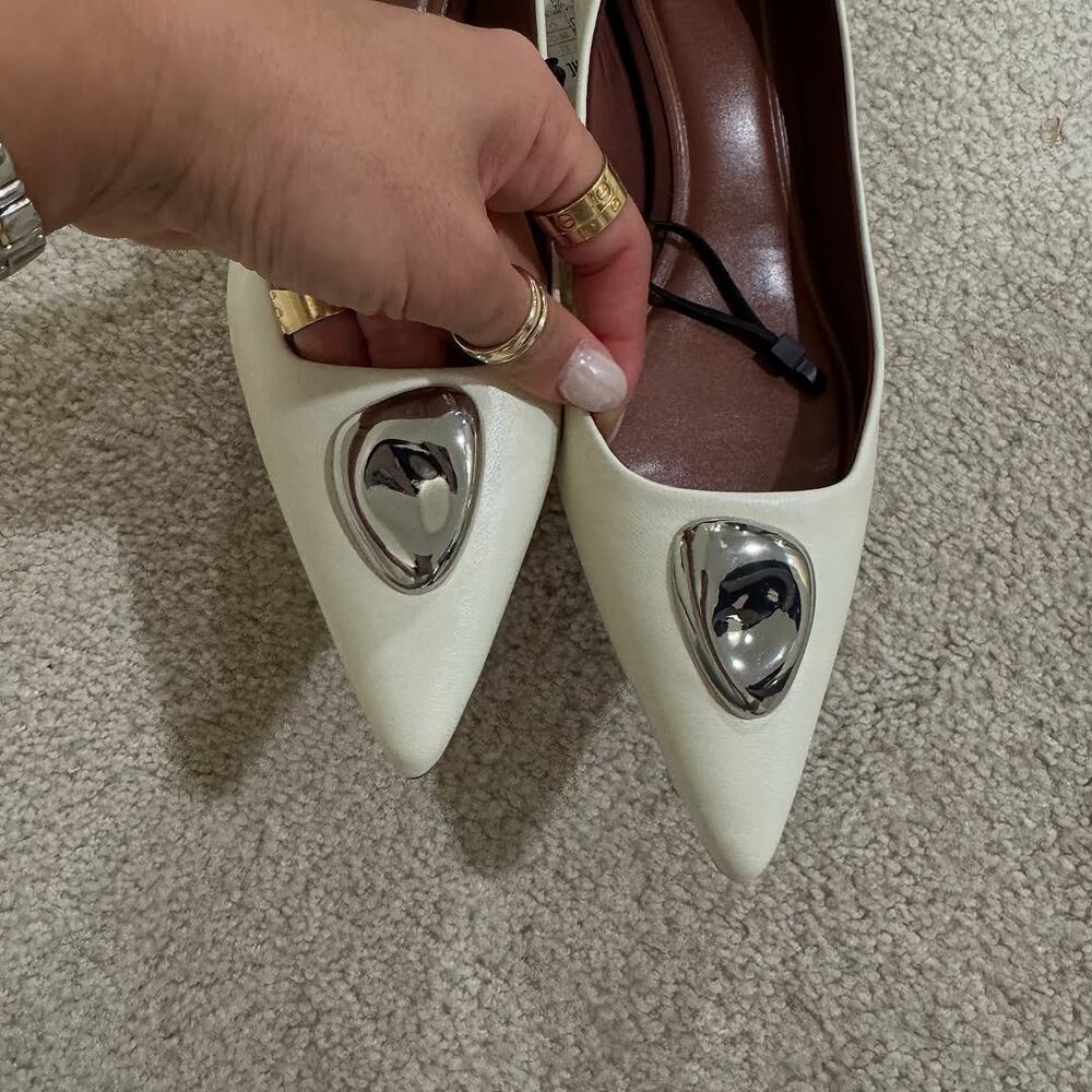 ZARA White Leather Cap Toe Heels NWT Silver Metal Pointed Pumps Size 8 - Picture 7 of 16